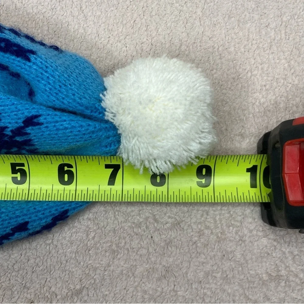 Vintage Kids Pom Beanie Winter Hat-Blue/White-Handwoven-Warm-Cozy-Vtg-Retro-80s